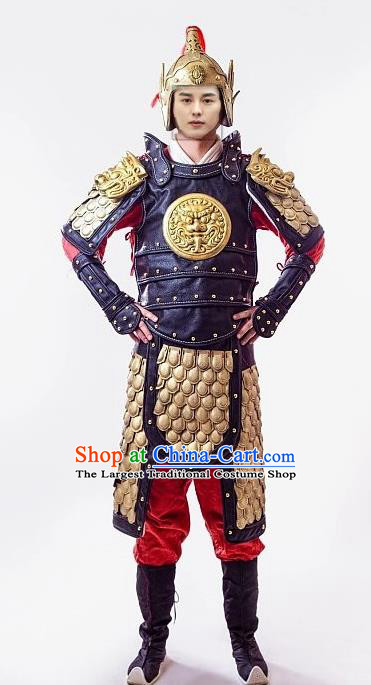 Chinese Tang Dynasty Warrior Costume Ancient Drama Soldier Body Armor and Helmet Complete Set