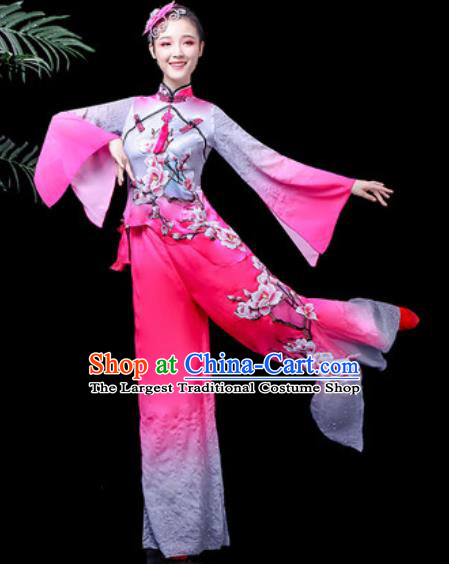 Traditional Chinese Folk Dance Costume Fan Dance Rosy Clothing for Women