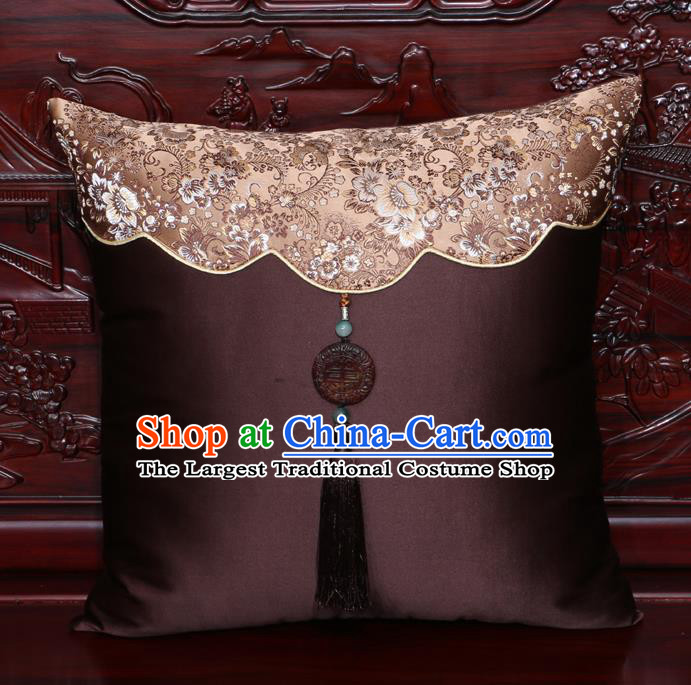 Chinese Classical Peony Pattern Jade Pendant Brown Brocade Square Cushion Cover Traditional Household Ornament