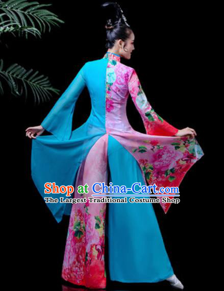 Traditional Chinese Classical Dance Costume Stage Performance Umbrella Dance Deep Blue Dress for Women