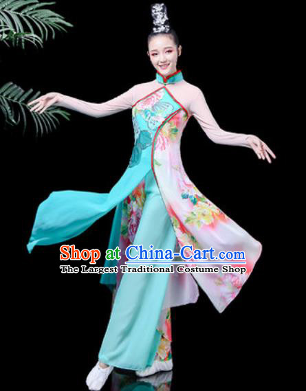 Traditional Chinese Classical Dance Costume Stage Performance Umbrella Dance Blue Dress for Women