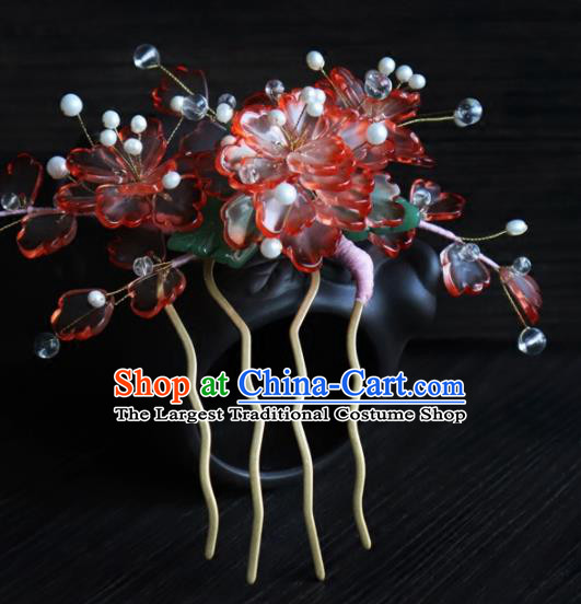 Chinese Ancient Palace Hair Accessories Traditional Classical Red Flowers Hair Combs for Women