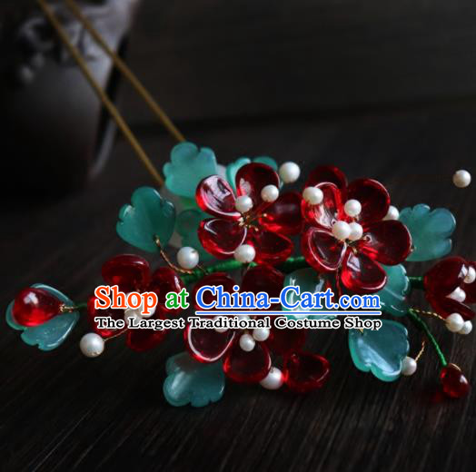 Chinese Ancient Palace Hair Accessories Traditional Classical Wine Red Flowers Hairpins for Women
