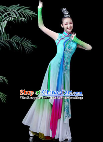 Traditional Chinese Classical Dance Costume Umbrella Dance Stage Performance Blue Dress for Women