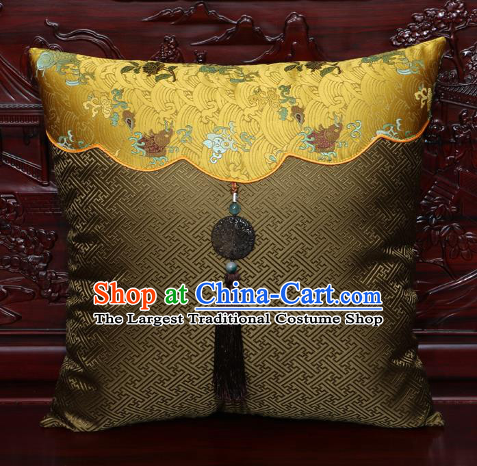 Chinese Classical Pattern Jade Pendant Khaki Brocade Square Cushion Cover Traditional Household Ornament