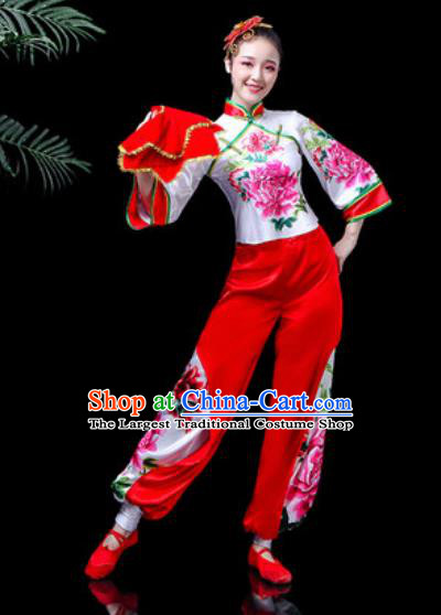 Traditional Chinese Stage Performance Costume Folk Dance Fan Dance Printing Peony Clothing for Women