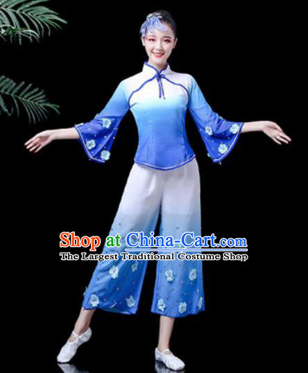 Traditional Chinese Yangko Dance Stage Performance Costume Folk Dance Blue Clothing for Women