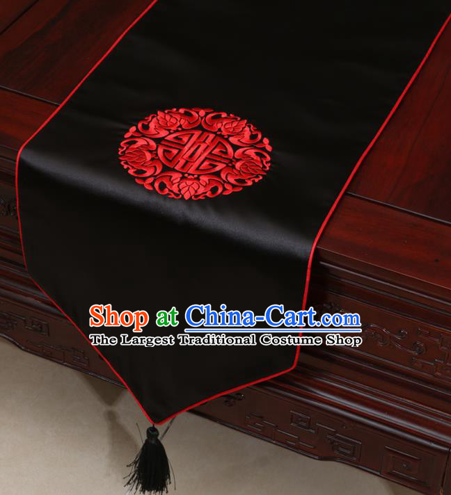 Chinese Classical Embroidered Pattern Black Brocade Table Flag Traditional Satin Household Ornament Table Cover