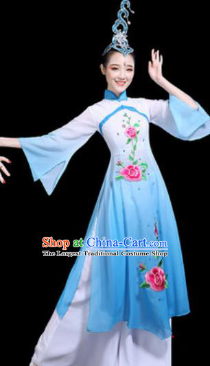 Traditional Chinese Stage Performance Costume Classical Dance Umbrella Dance Blue Dress for Women
