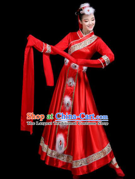 Chinese Traditional Ethnic Dance Costume Zang Nationality Folk Dance Red Dress for Women