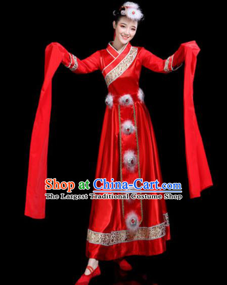 Chinese Traditional Ethnic Dance Costume Zang Nationality Folk Dance Red Dress for Women