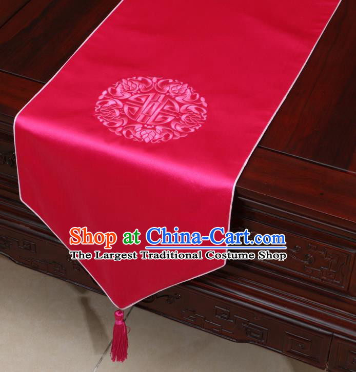 Chinese Classical Embroidered Rosy Brocade Table Flag Traditional Satin Household Ornament Table Cover