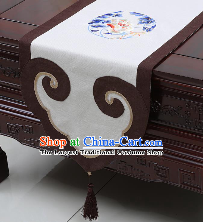 Chinese Classical Peony Pattern White Satin Table Flag Traditional Brocade Household Ornament Table Cover