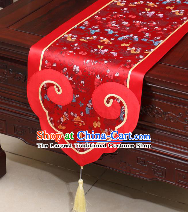 Chinese Classical Children Pattern Red Satin Table Flag Traditional Brocade Household Ornament Table Cover