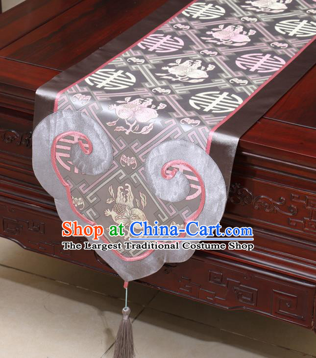 Chinese Classical Pomegranate Pattern Grey Satin Table Flag Traditional Brocade Household Ornament Table Cover
