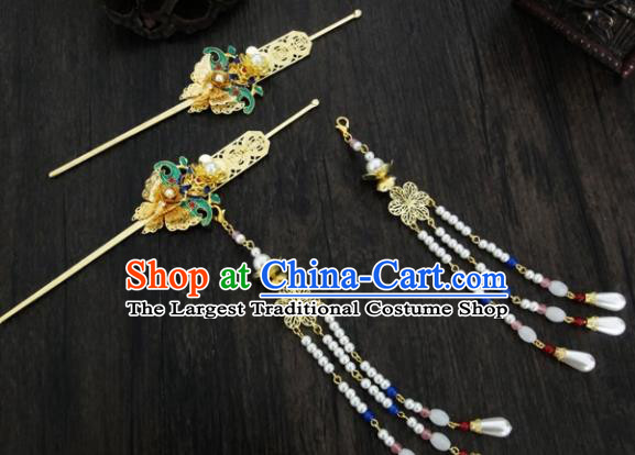 Chinese Ancient Palace Pearls Tassel Step Shake Hair Accessories Traditional Classical Blueing Hairpins for Women