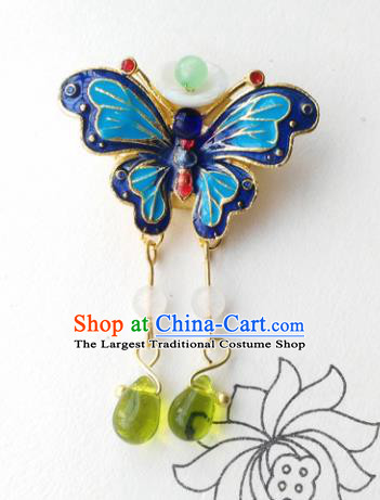 Chinese Ancient Palace Jewelry Accessories Traditional Classical Blueing Butterfly Tassel Brooch for Women