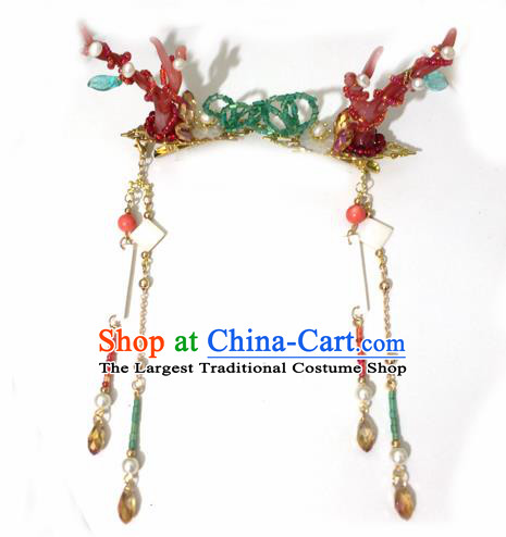 Chinese Ancient Hanfu Hair Accessories Traditional Red Dragon Horn Hair Claws Hairpins for Women