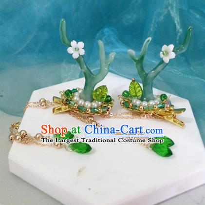 Chinese Ancient Hanfu Tassel Hair Accessories Traditional Green Dragon Horn Hair Claws Hairpins for Women