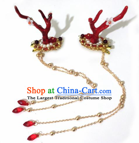Chinese Ancient Hanfu Tassel Hair Accessories Traditional Red Dragon Horn Hair Claws Hairpins for Women