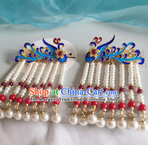 Chinese Ancient Hanfu Hair Accessories Traditional Blueing Phoenix Pearls Tassel Hair Claws Hairpins for Women