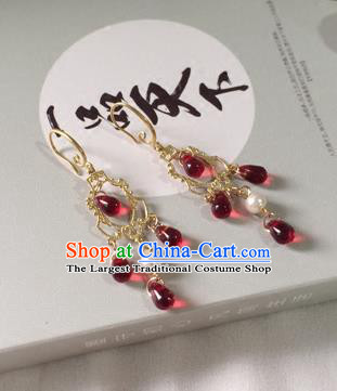 Chinese Ancient Hanfu Jewelry Accessories Traditional Red Crystal Earrings for Women
