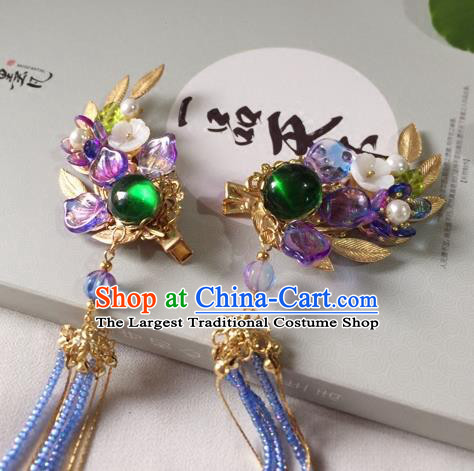 Chinese Ancient Hanfu Hair Accessories Traditional Green Coloured Glaze Hair Claws Tassel Hairpins for Women