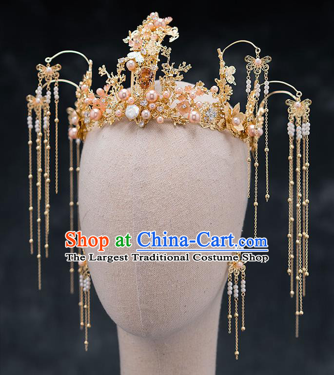 Chinese Ancient Hanfu Hair Accessories Traditional Golden Phoenix Coronet Wedding Hairpins for Women