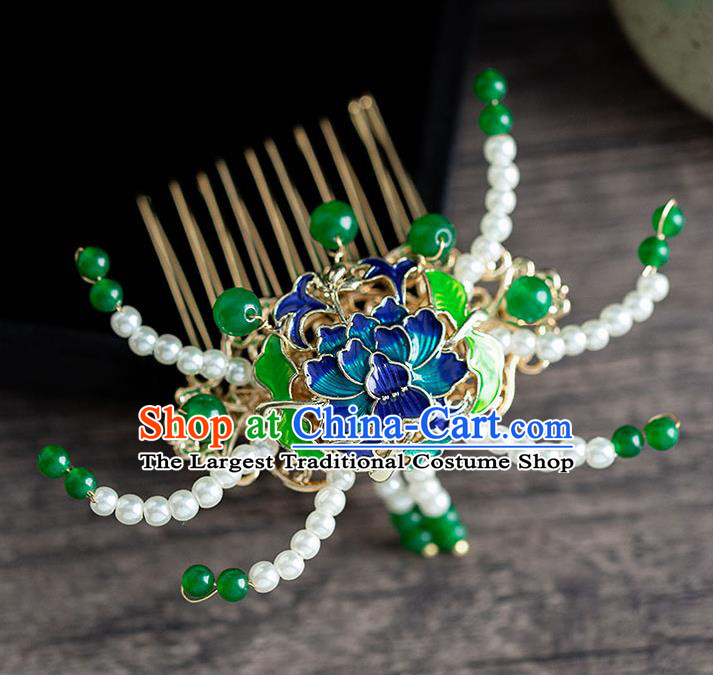 Chinese Ancient Hanfu Hair Accessories Traditional Wedding Blueing Lotus Pearls Hair Comb Hairpins for Women