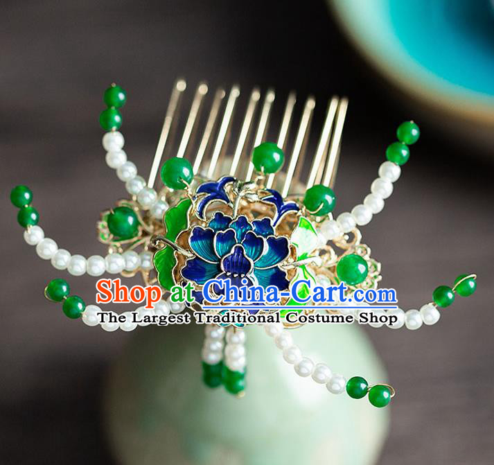 Chinese Ancient Hanfu Hair Accessories Traditional Wedding Blueing Lotus Pearls Hair Comb Hairpins for Women