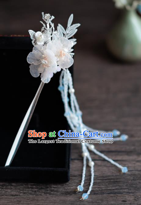 Chinese Ancient Hanfu Hair Accessories Traditional Wedding White Flowers Tassel Hairpins for Women