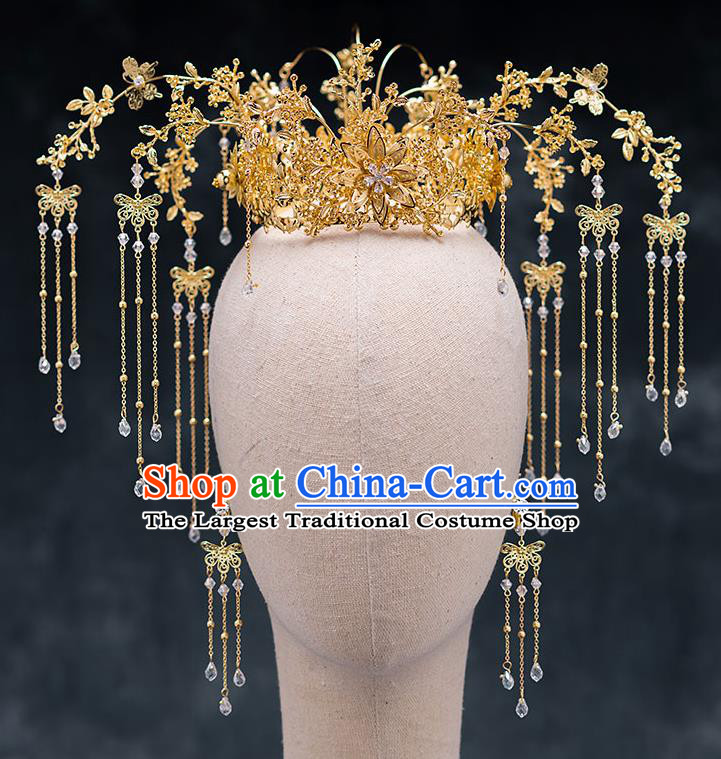 Chinese Ancient Hanfu Hair Accessories Traditional Wedding Golden Phoenix Coronet Hairpins for Women