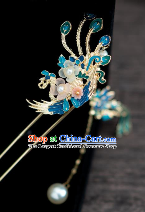 Chinese Ancient Hanfu Wedding Hair Accessories Traditional Blueing Phoenix Tassel Hairpins for Women