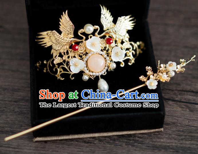 Chinese Ancient Hanfu Wedding Hair Accessories Traditional Golden Cranes Hair Crown Hairpins for Women