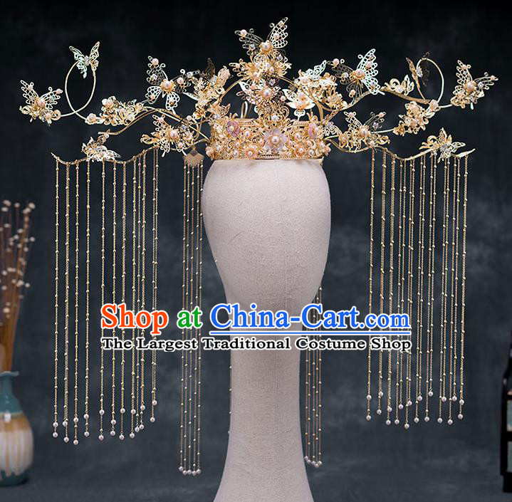 Chinese Ancient Hanfu Wedding Hair Accessories Traditional Golden Butterfly Tassel Phoenix Coronet Hairpins for Women