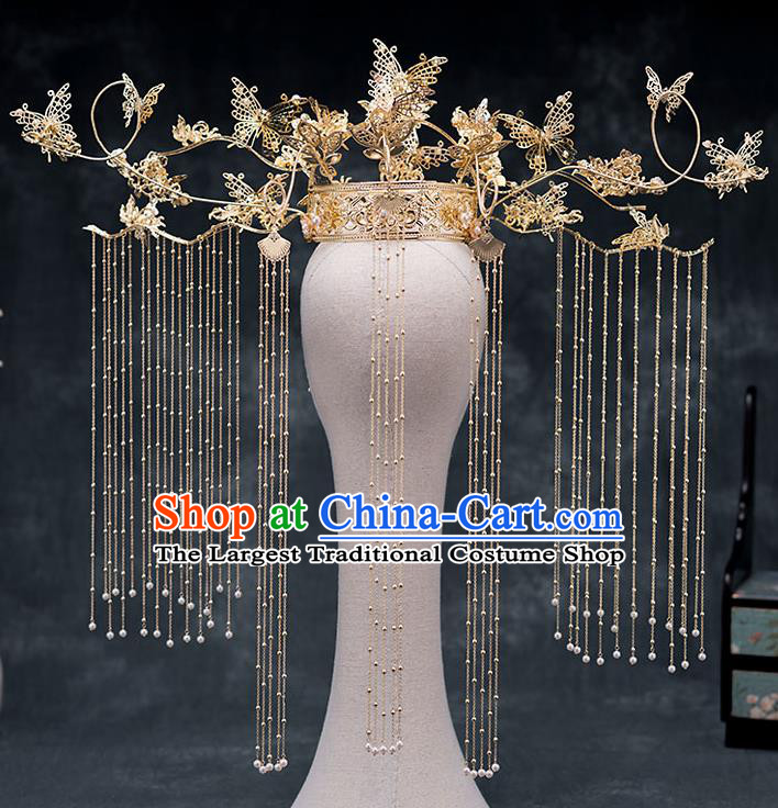 Chinese Ancient Hanfu Wedding Hair Accessories Traditional Golden Butterfly Tassel Phoenix Coronet Hairpins for Women