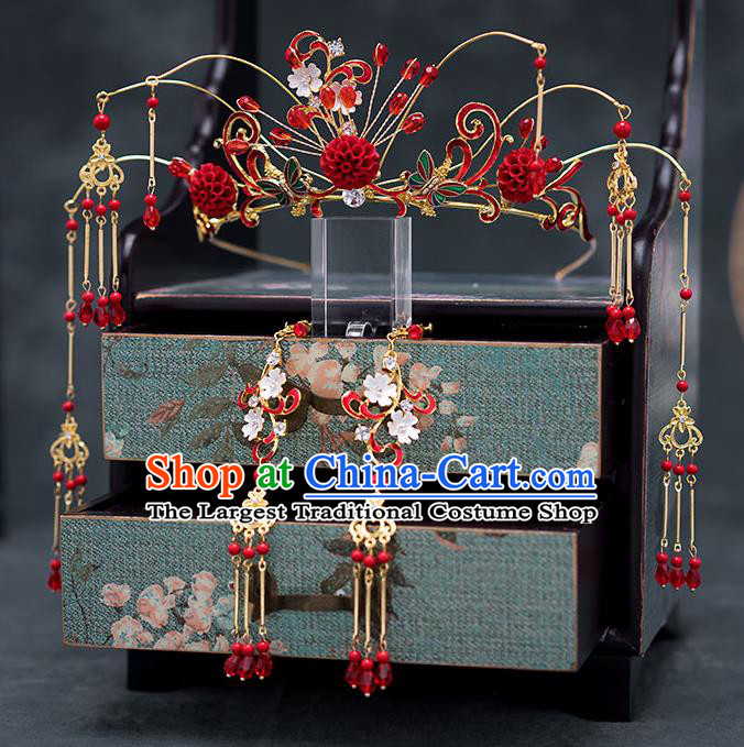 Chinese Ancient Wedding Hair Accessories Traditional Bride Hanfu Tassel Hairpins Red Roses Phoenix Coronet for Women