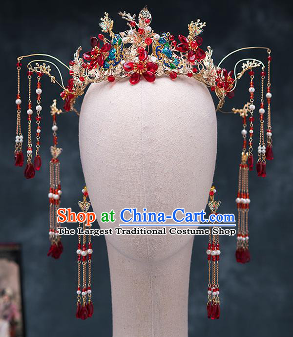 Chinese Ancient Wedding Hair Accessories Traditional Bride Hanfu Tassel Hairpins Blueing Phoenix Coronet for Women