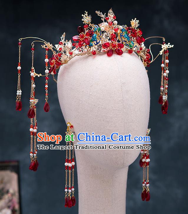 Chinese Ancient Wedding Hair Accessories Traditional Bride Hanfu Tassel Hairpins Blueing Phoenix Coronet for Women