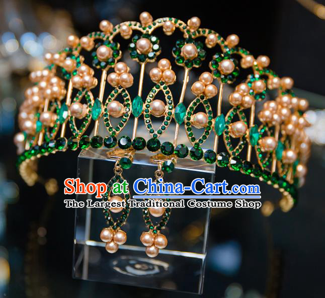 Handmade Baroque Hair Accessories Princess Wedding Green Gem Pearls Royal Crown for Women