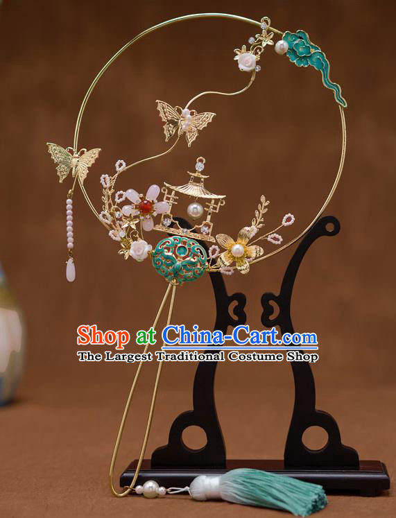 Chinese Ancient Bride Blueing Round Fans Traditional Wedding Classical Palace Fans for Women