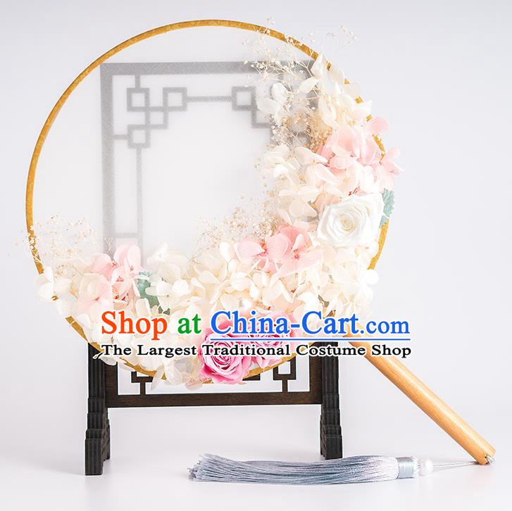 Chinese Ancient Bride White Flowers Round Fans Traditional Wedding Classical Palace Fans for Women