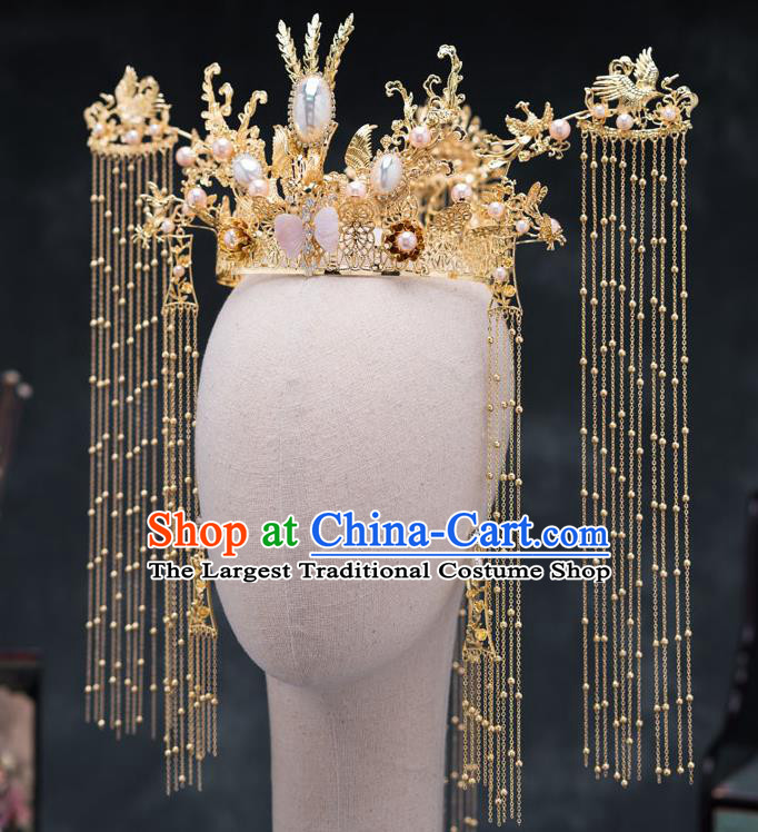 Chinese Ancient Queen Hair Accessories Golden Tassel Phoenix Coronet Traditional Hanfu Hairpins for Women