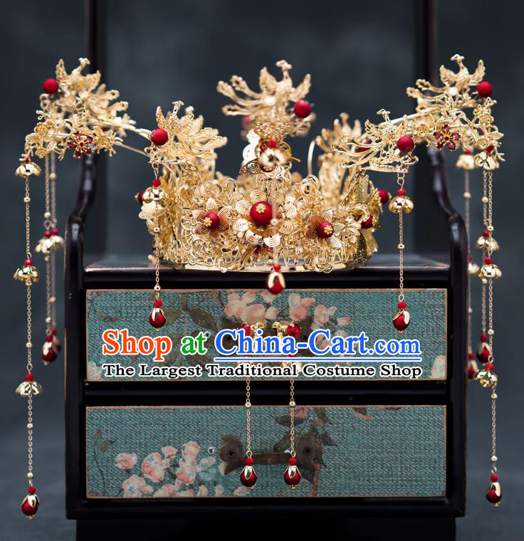 Chinese Ancient Bride Hair Accessories Golden Phoenix Coronet Traditional Hanfu Hairpins for Women