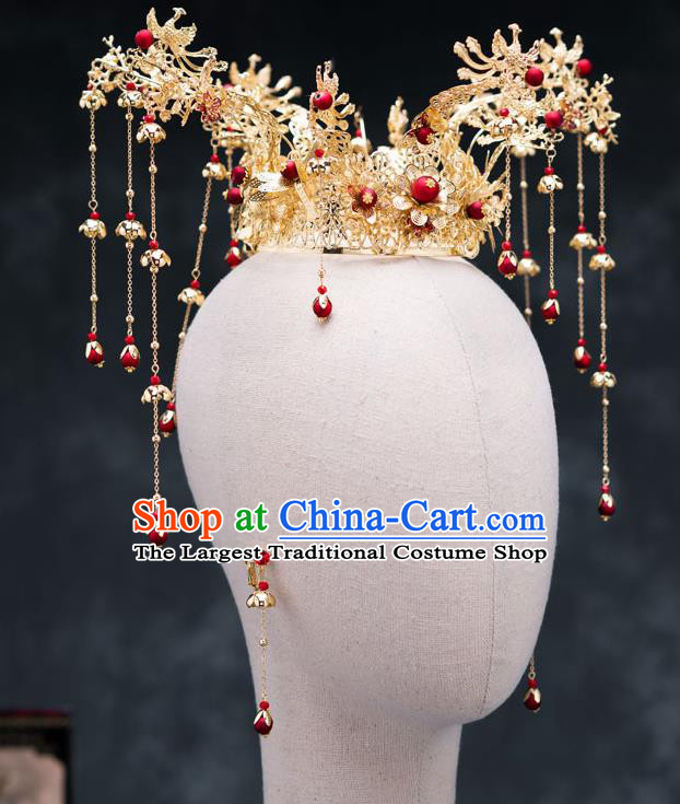 Chinese Ancient Bride Hair Accessories Golden Phoenix Coronet Traditional Hanfu Hairpins for Women