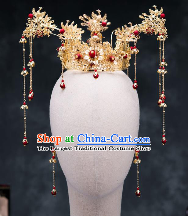Chinese Ancient Bride Hair Accessories Golden Phoenix Coronet Traditional Hanfu Hairpins for Women