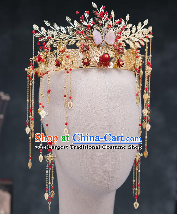 Chinese Ancient Bride Hair Accessories Wedding Golden Leaf Phoenix Coronet Traditional Hanfu Hairpins for Women