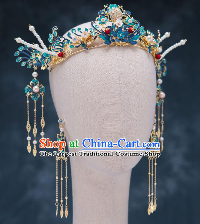 Chinese Ancient Bride Hair Accessories Wedding Blueing Phoenix Coronet Traditional Hanfu Hairpins for Women