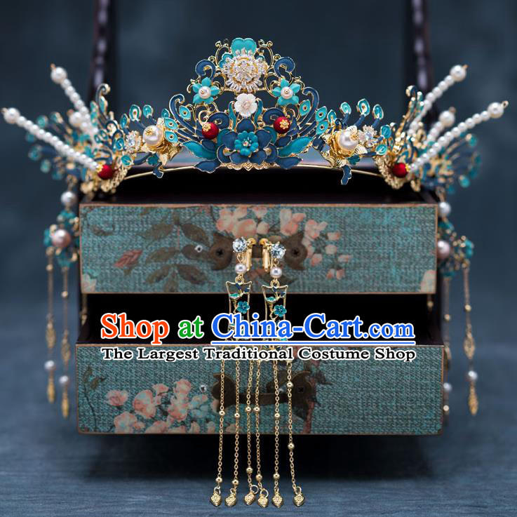 Chinese Ancient Bride Hair Accessories Wedding Blueing Phoenix Coronet Traditional Hanfu Hairpins for Women