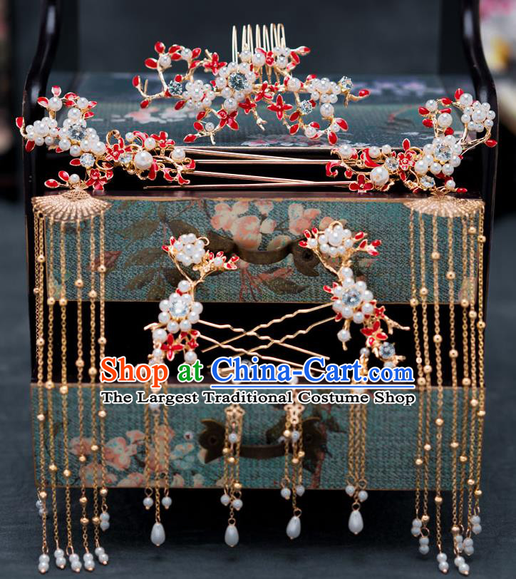 Chinese Ancient Bride Hair Accessories Traditional Wedding Red Hair Comb Hanfu Tassel Hairpins for Women